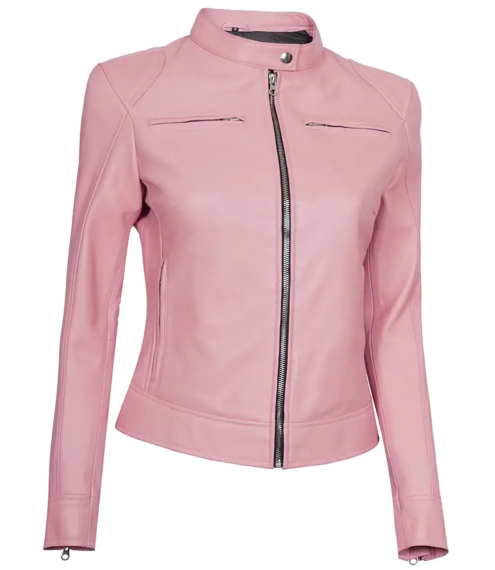 Dodge Women Light Pink Cafe Racer Motorcycle Leather Jacket