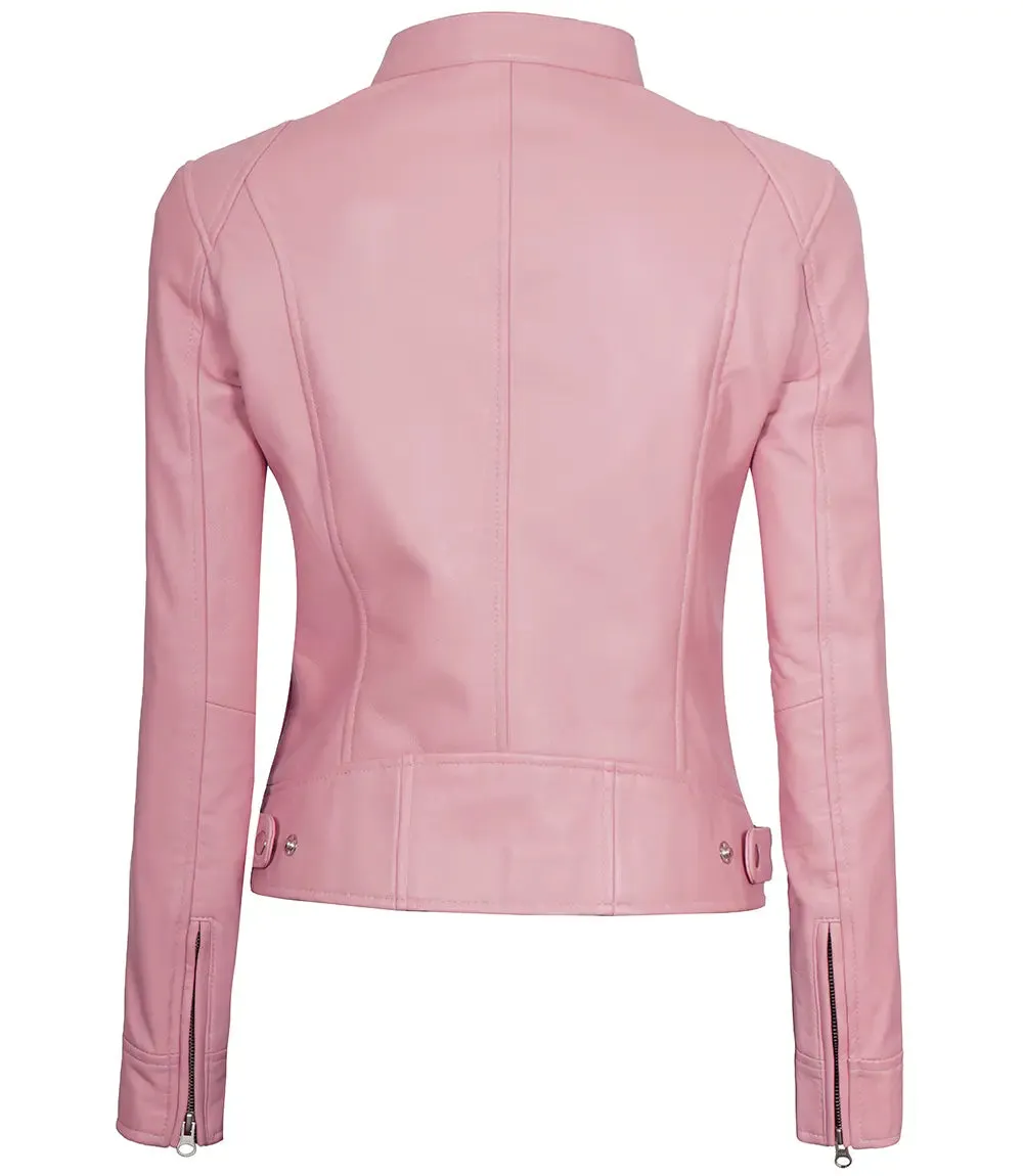 Dodge Women Light Pink Cafe Racer Motorcycle Leather Jacket