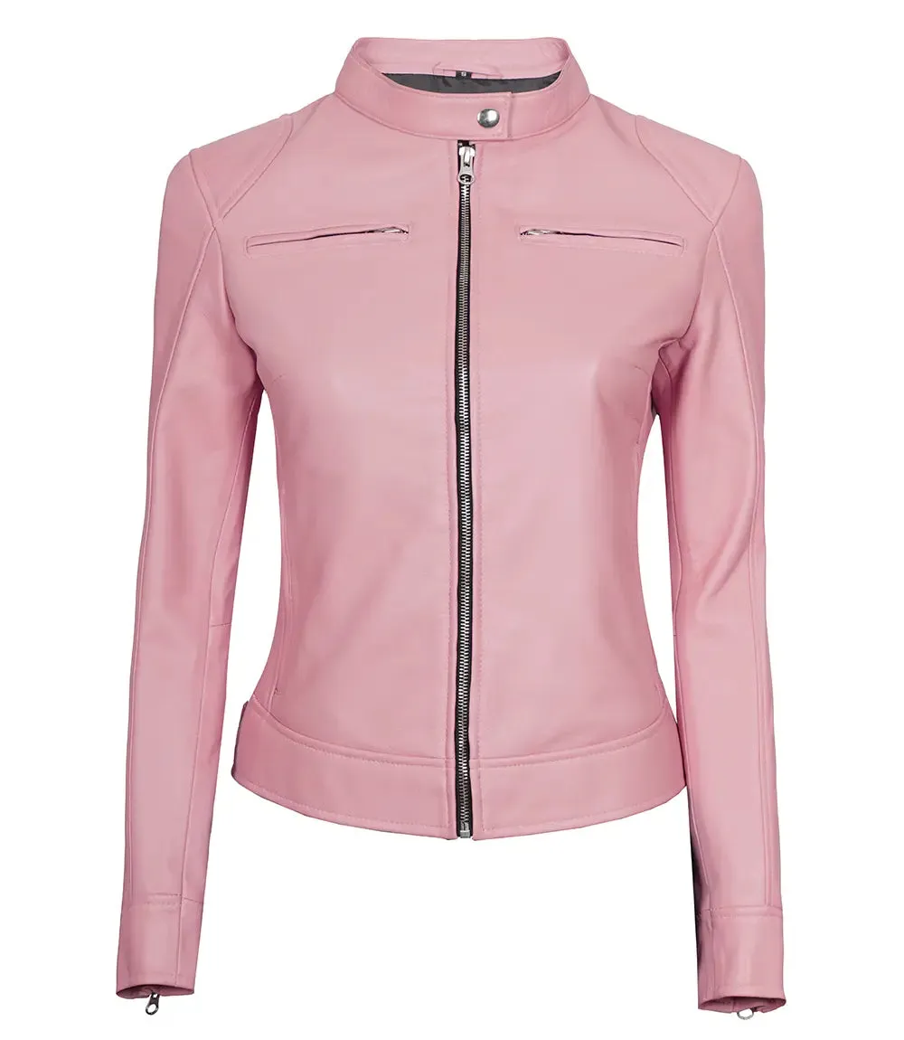 Dodge Women Light Pink Cafe Racer Motorcycle Leather Jacket