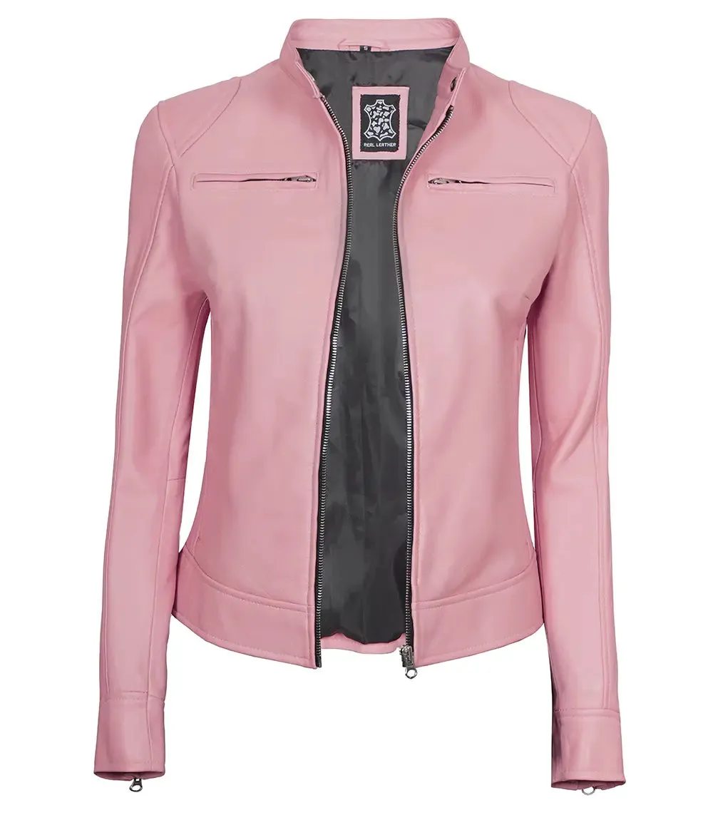 Dodge Women Light Pink Cafe Racer Motorcycle Leather Jacket