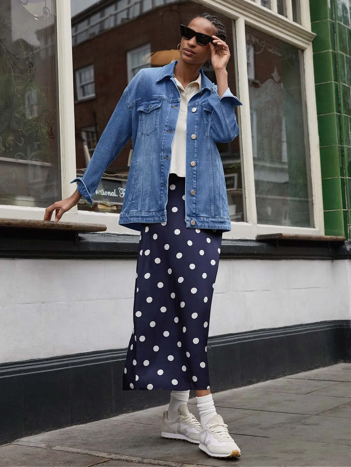 Doris Satin Skirt | Navy Big Polka