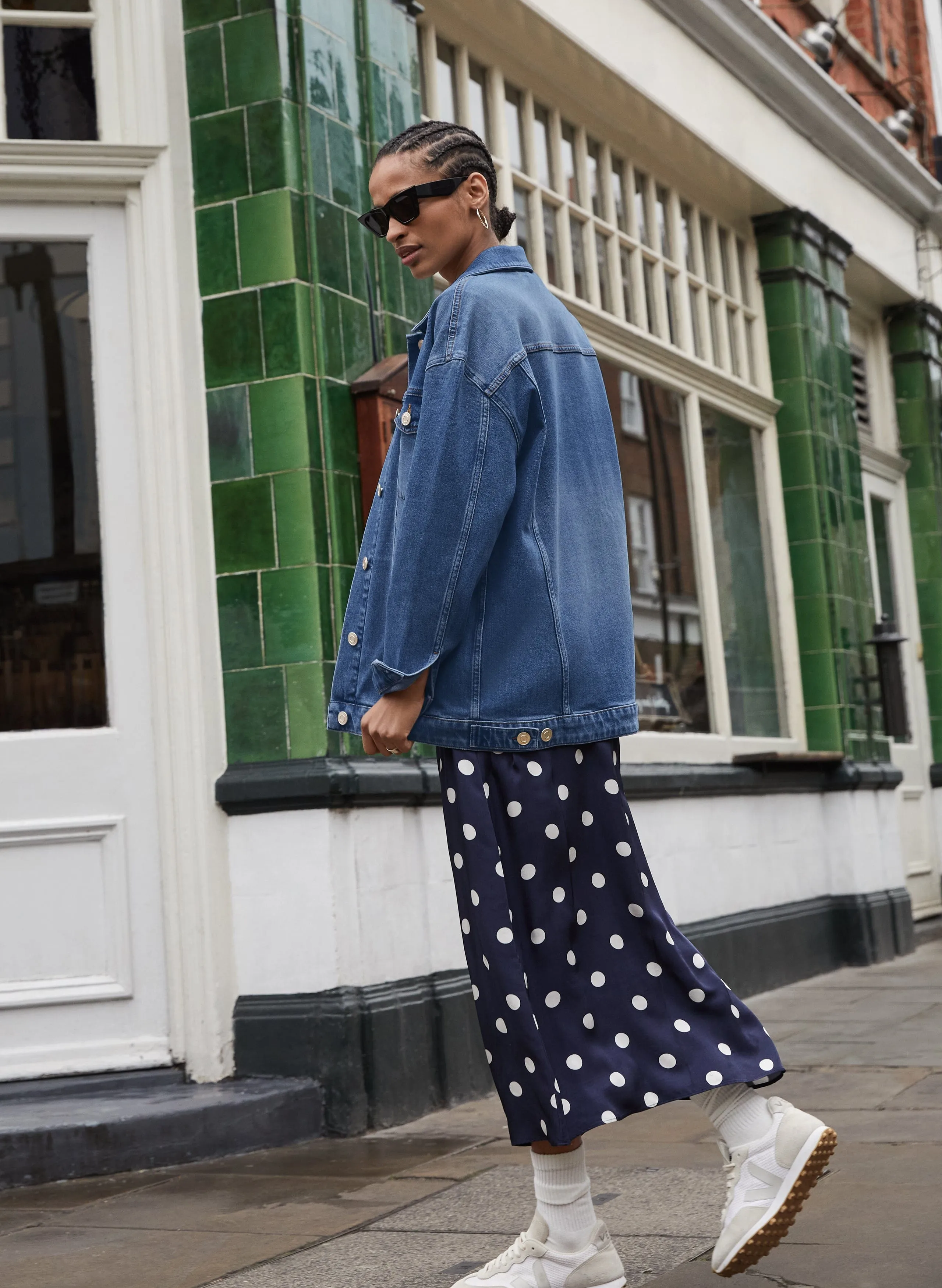 Doris Satin Skirt | Navy Big Polka