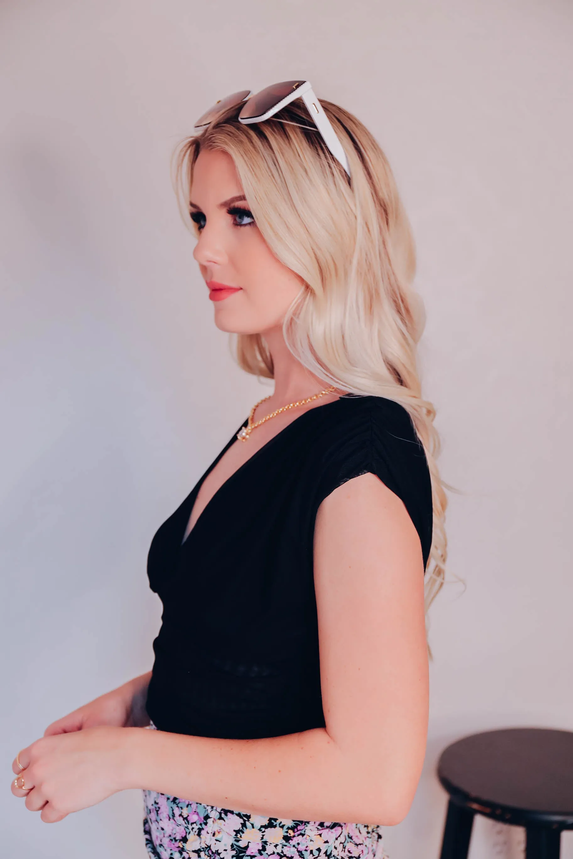 Double V Ruched Top - Black