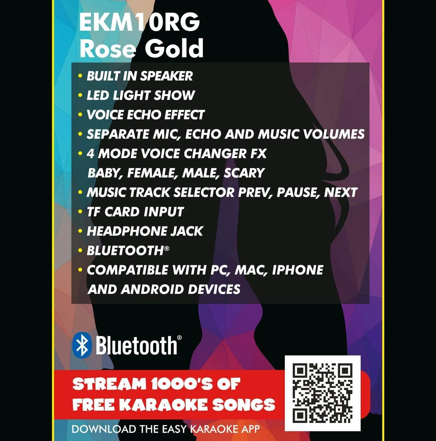Easy Karaoke Bluetooth® Wireless Microphone with Speaker and Lights ~ Black