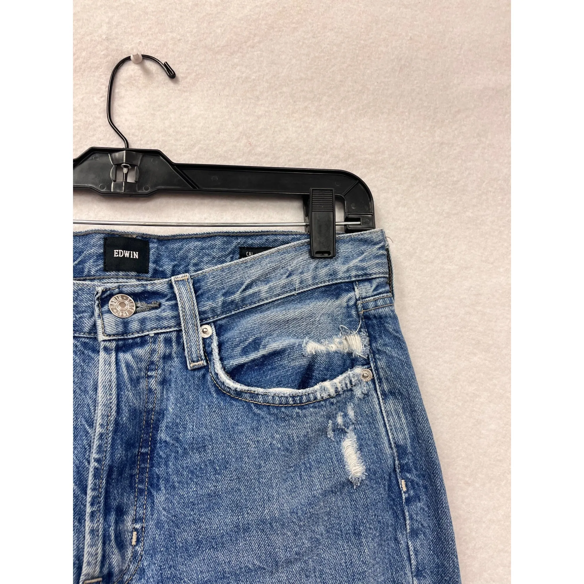 Edwin Womens Size 6 Blue Distressed Straight-Leg High-Waisted Jeans 100% Cotton #6702