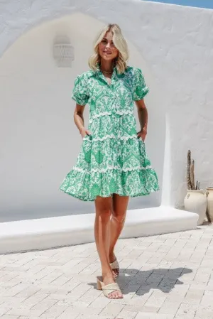 Emerald Green Floral Shirt Dress with Pockets