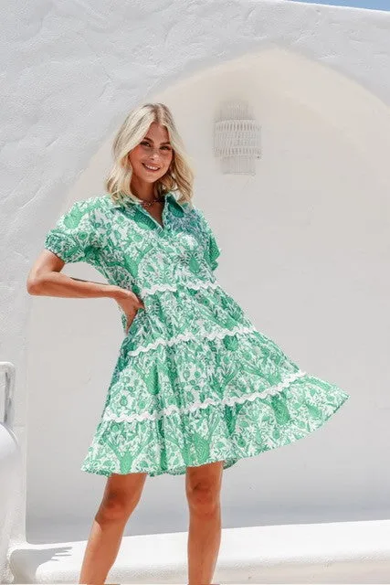 Emerald Green Floral Shirt Dress with Pockets