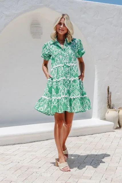 Emerald Green Floral Shirt Dress with Pockets