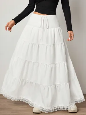 EZwear Casual Solid Color Woven Skirt With Lace Hem, Mid-Waist Ladies Skirt