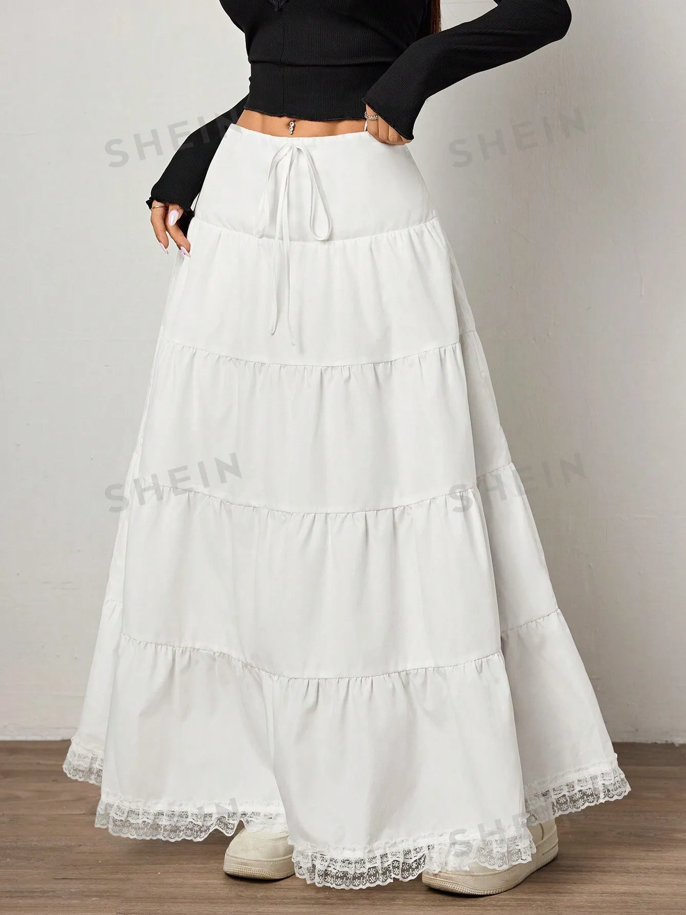 EZwear Casual Solid Color Woven Skirt With Lace Hem, Mid-Waist Ladies Skirt