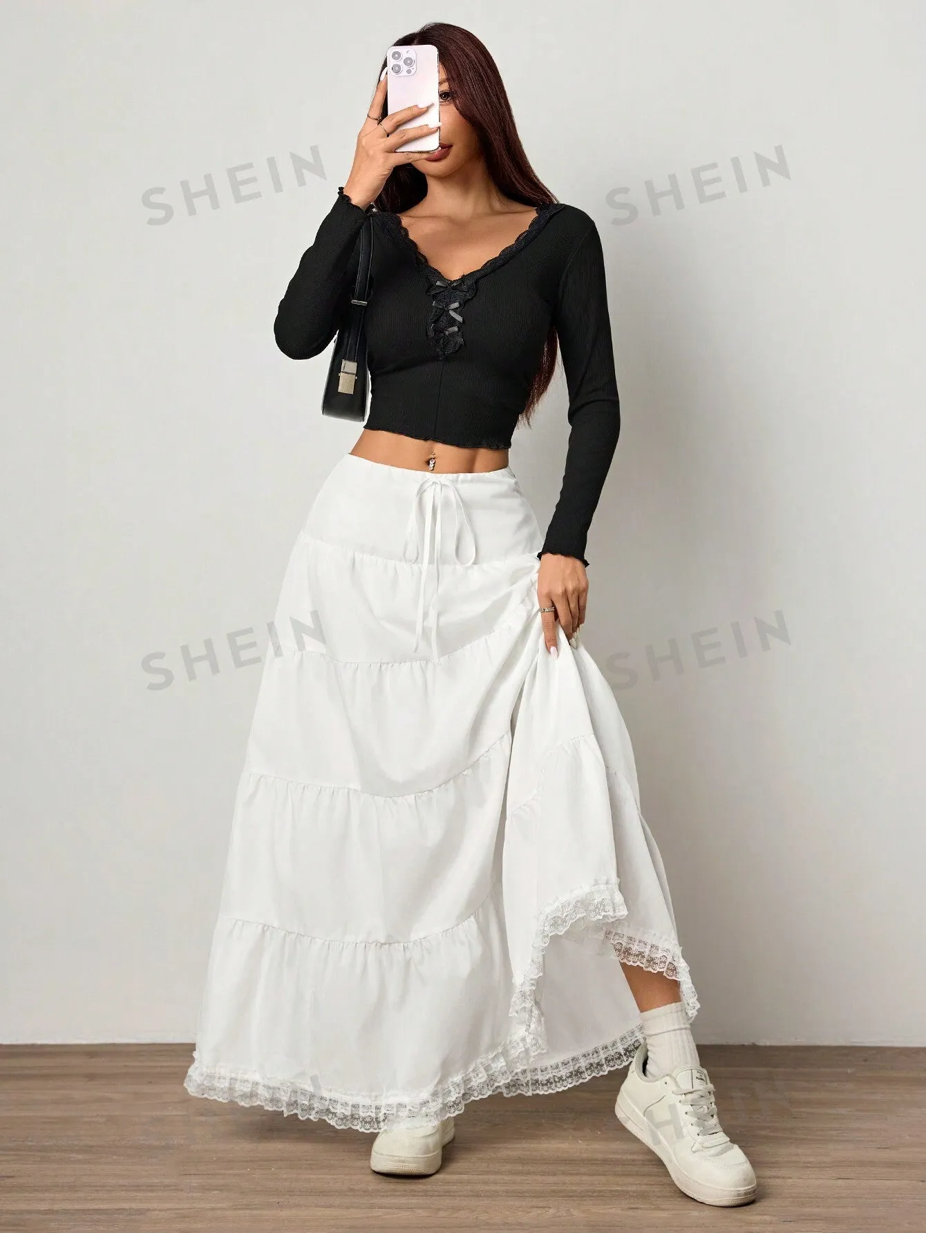 EZwear Casual Solid Color Woven Skirt With Lace Hem, Mid-Waist Ladies Skirt