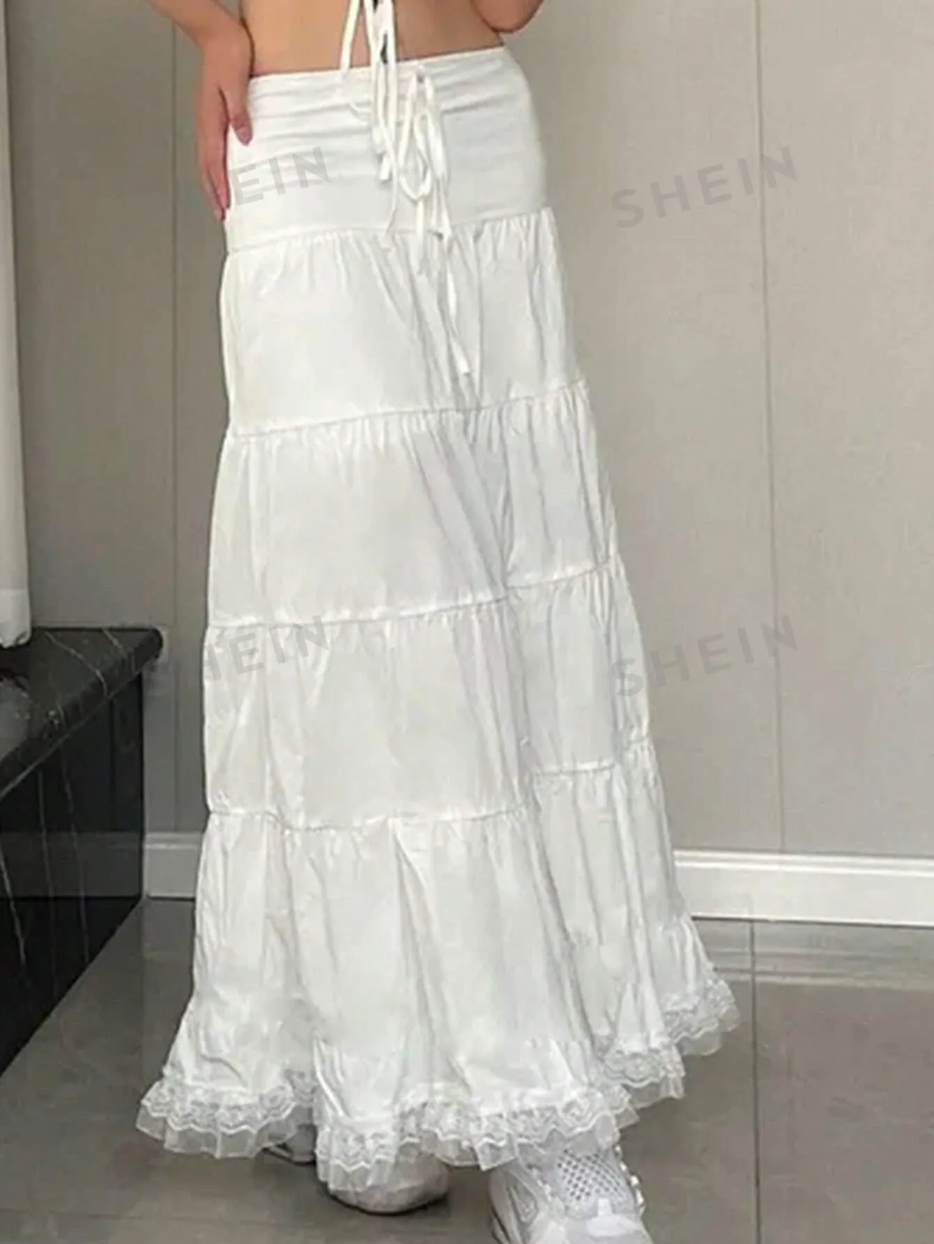 EZwear Casual Solid Color Woven Skirt With Lace Hem, Mid-Waist Ladies Skirt