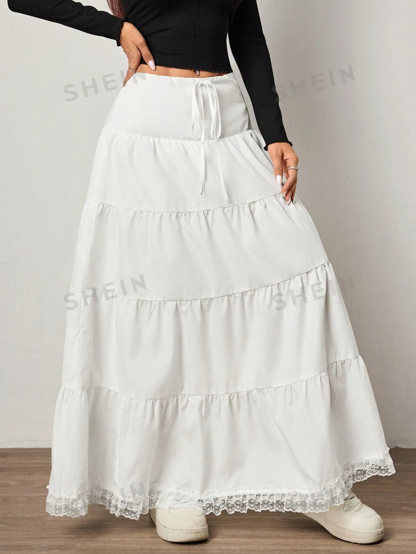 EZwear Casual Solid Color Woven Skirt With Lace Hem, Mid-Waist Ladies Skirt