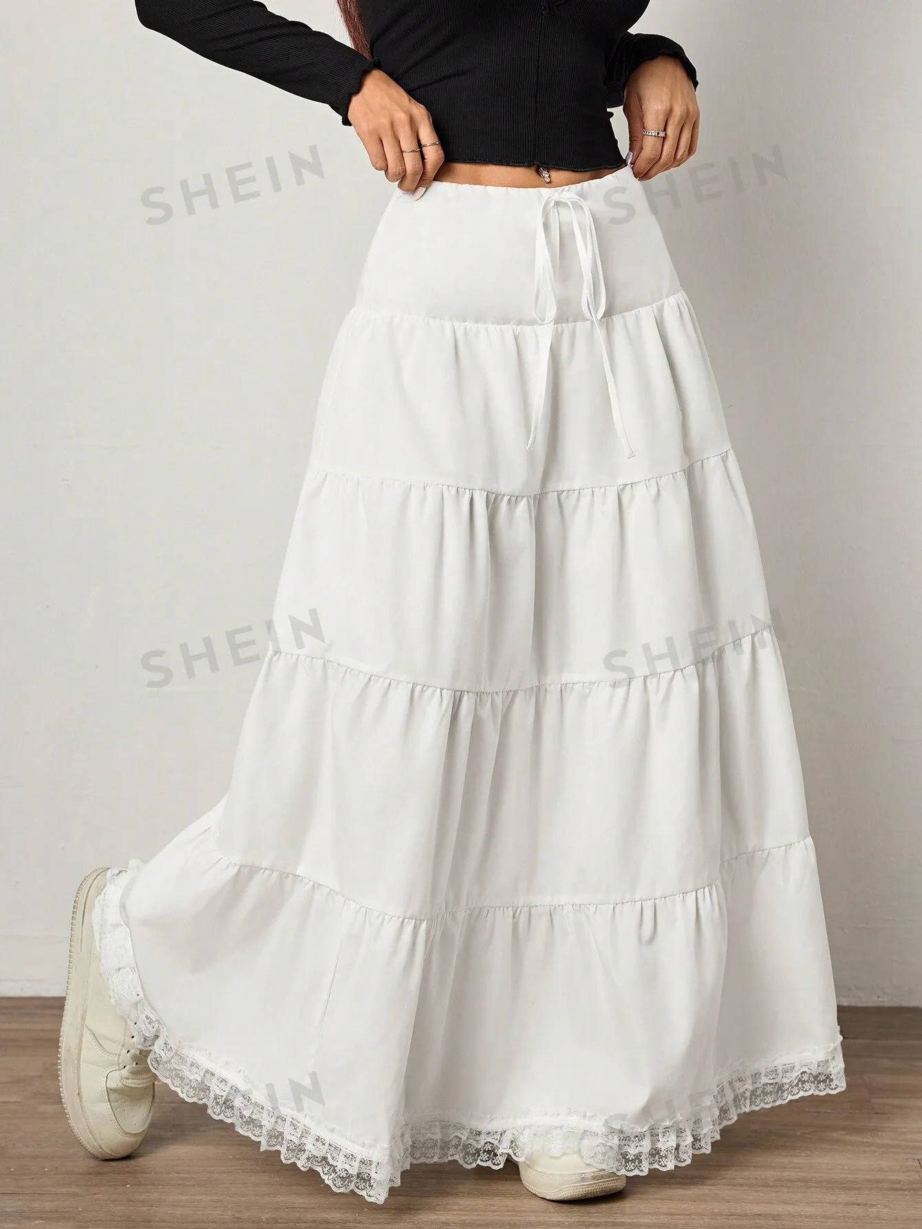 EZwear Casual Solid Color Woven Skirt With Lace Hem, Mid-Waist Ladies Skirt