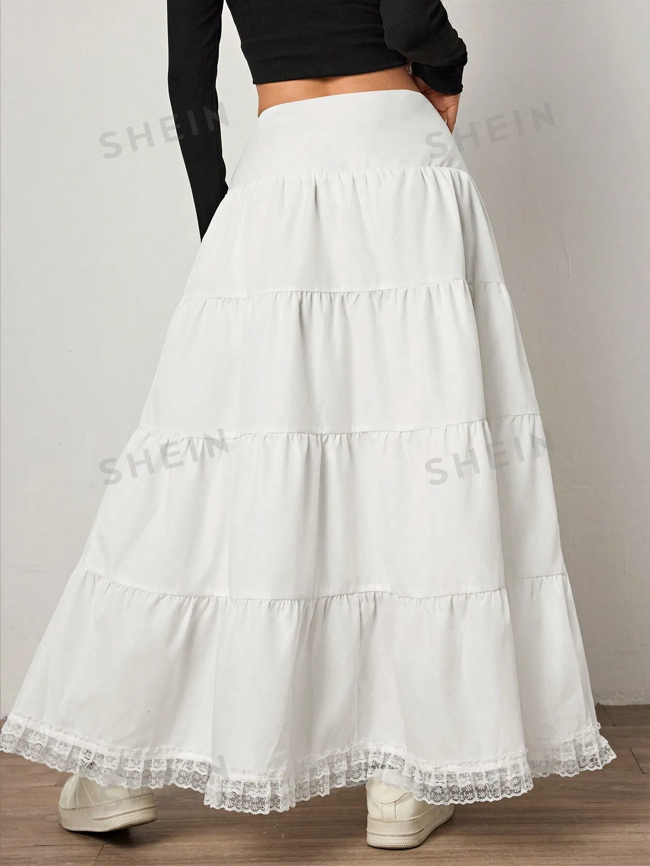 EZwear Casual Solid Color Woven Skirt With Lace Hem, Mid-Waist Ladies Skirt