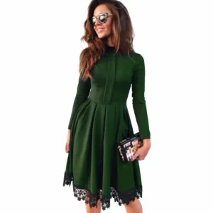 Fashion Women Long Sleeve Slim knee-length Dresses Green Party Dresses Plus Size