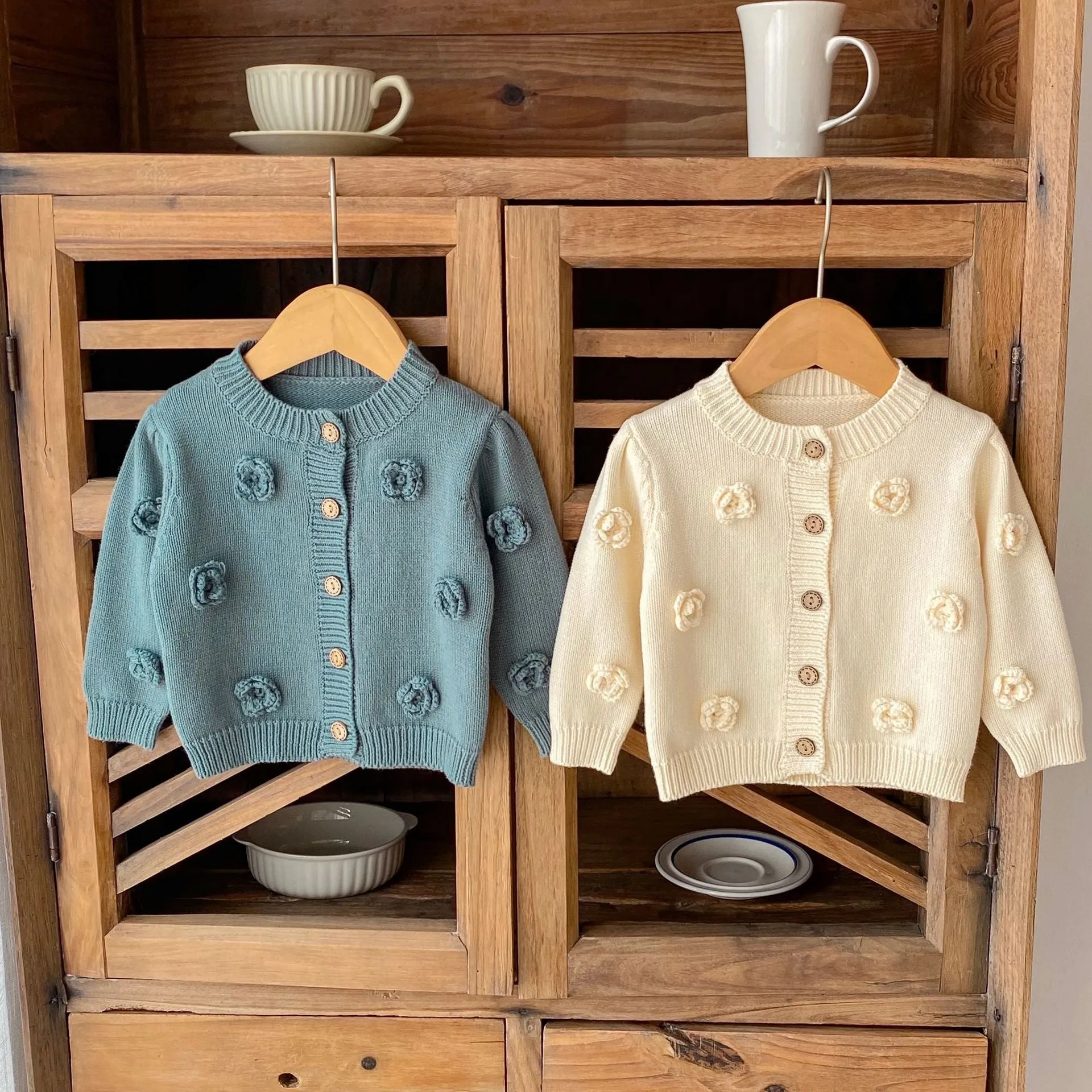 Floral Knit Baby Girl Cardigan - Green