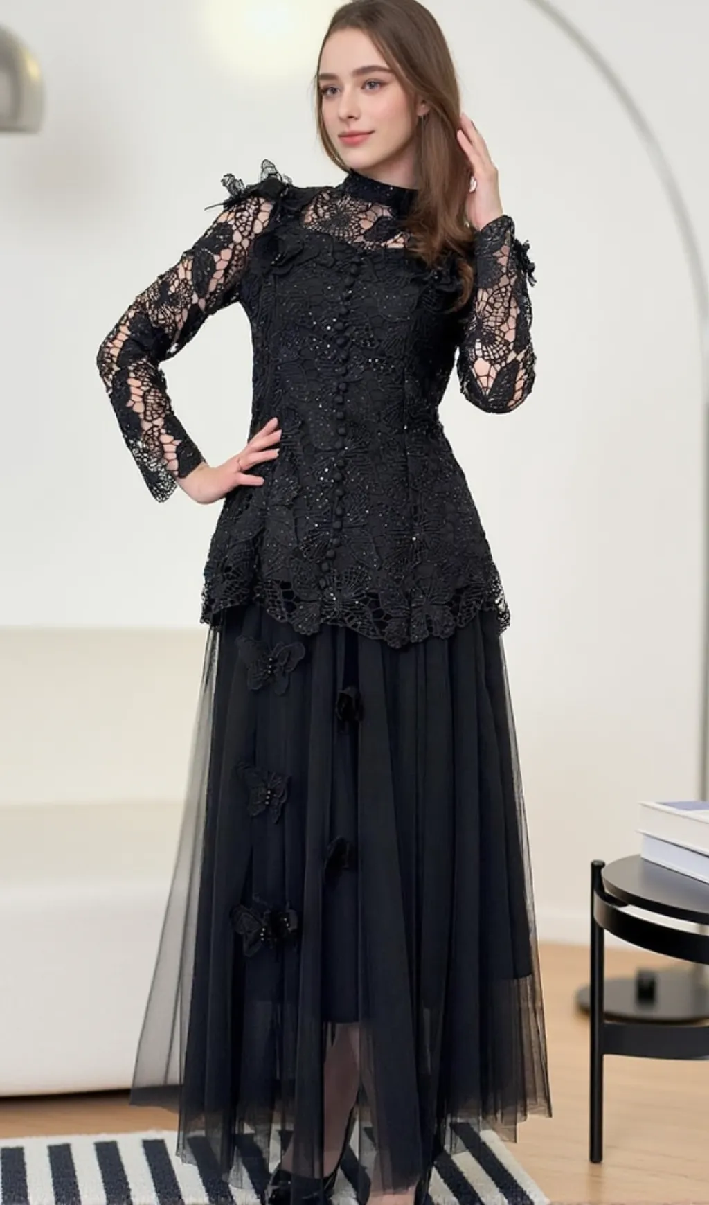 flower embroidery mesh skirt set