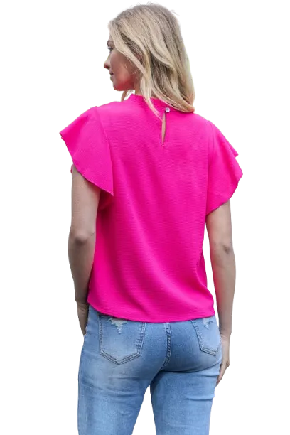 Fold Frill Neckline Butterfly Sleeve Solid Top Pink Ultra - Pack of 6