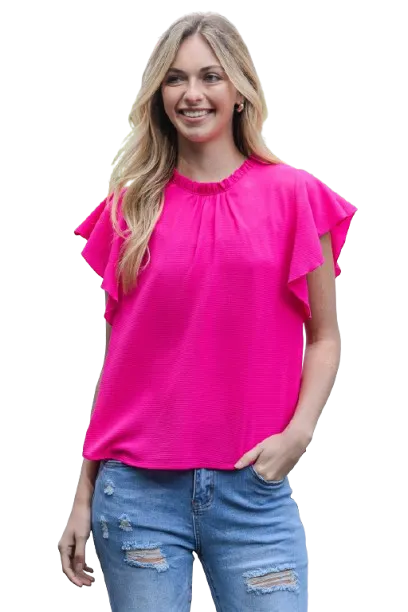 Fold Frill Neckline Butterfly Sleeve Solid Top Pink Ultra - Pack of 6