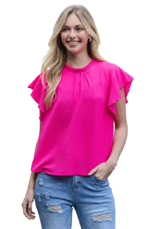 Fold Frill Neckline Butterfly Sleeve Solid Top Pink Ultra - Pack of 6