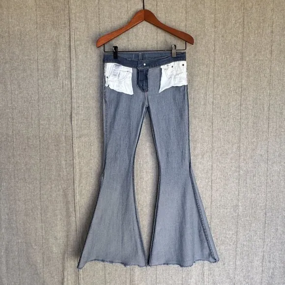 Free People Med Blue  Stretch Denim Low Rise 70s Extreme Flare Leg Jeans Size 29