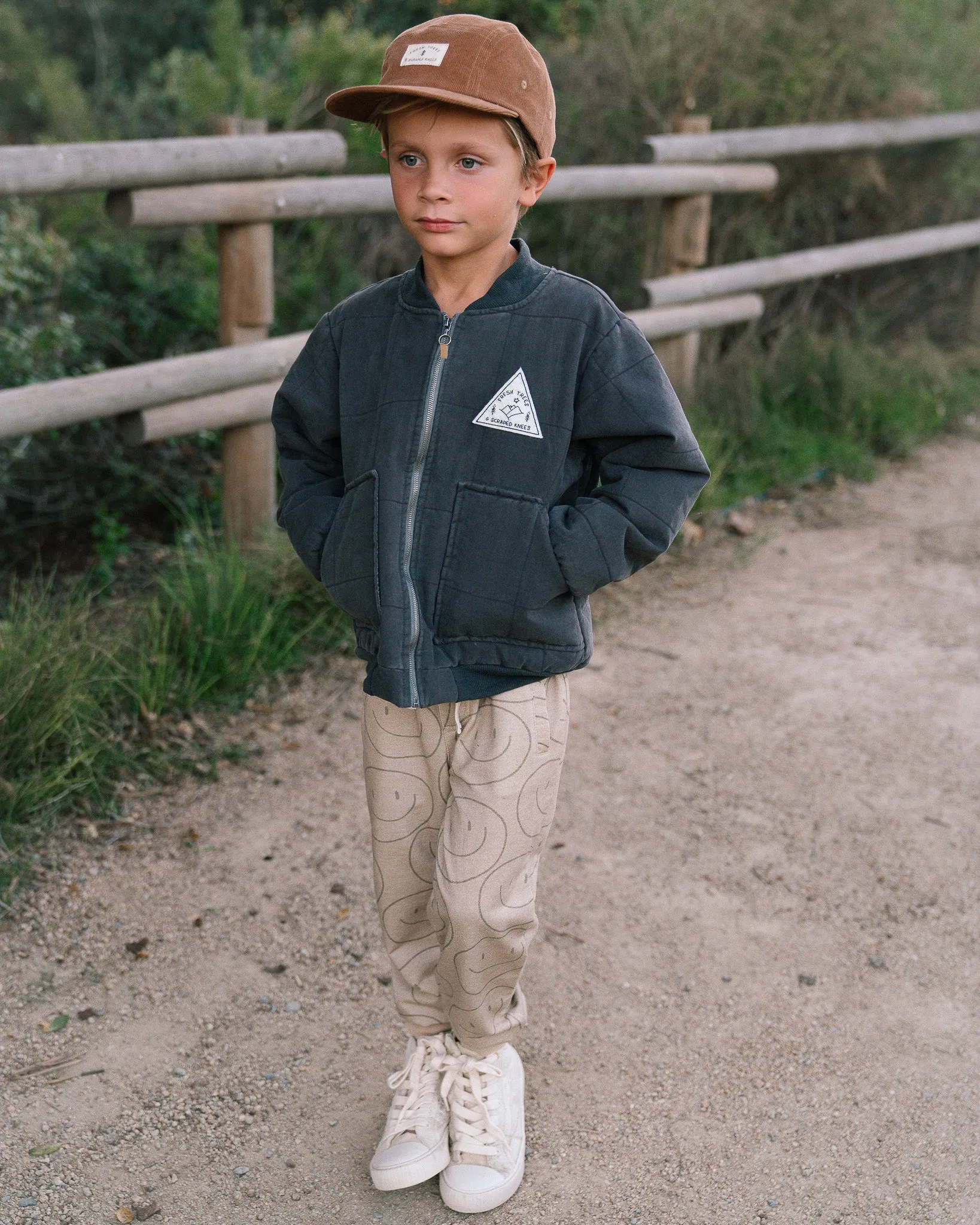 Fresh Trees & Scraped Knees Quilted Bomber Jacket (charcoal)