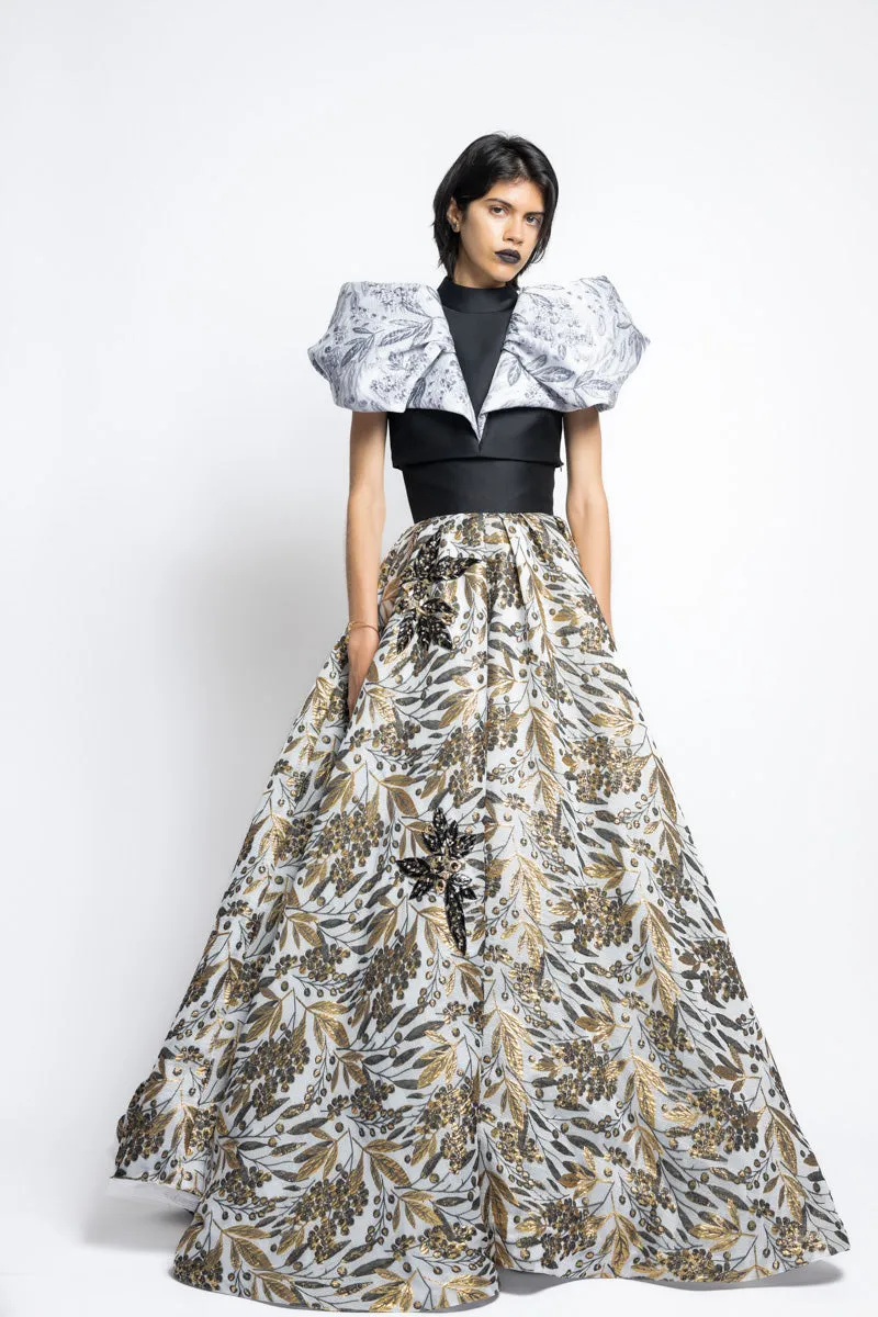 Gilded Bay Leaf Jacquard Ball Skirt With Bay Leaf Embroidery