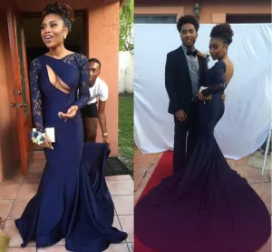 Gorgeous Navy Blue Sexy Backless Long Sleeve Lace Mermaid Long Prom Dresses, BG0009