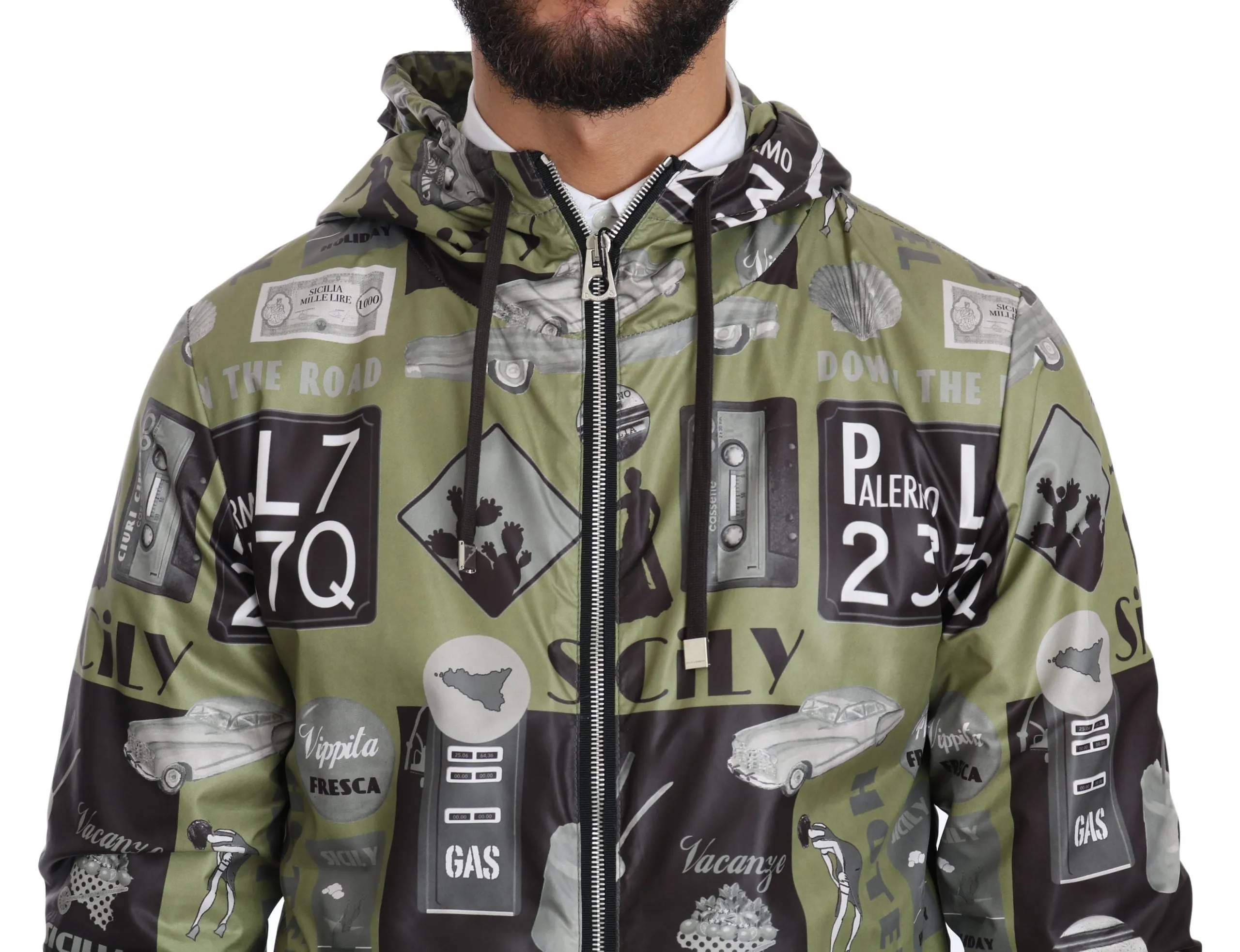 Green Sicily Gray Print Hooded Jacket