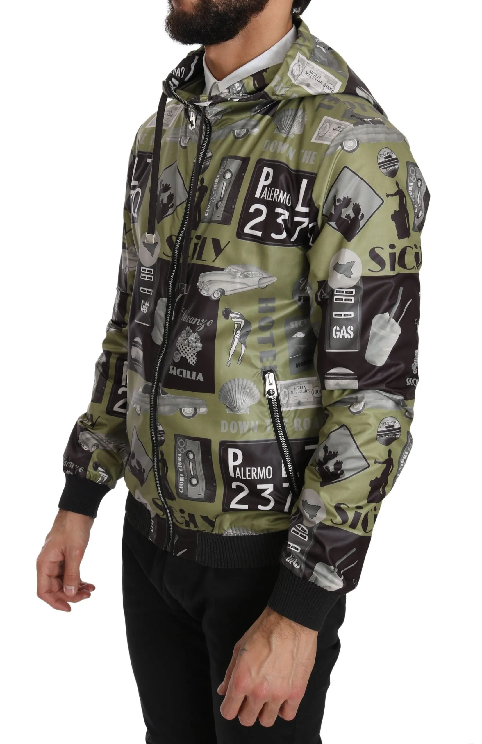 Green Sicily Gray Print Hooded Jacket