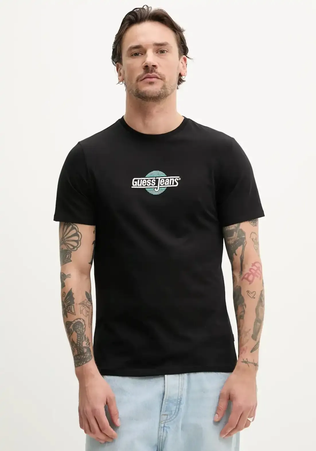 Guess Mens Embroidered Logo T-Shirt Black