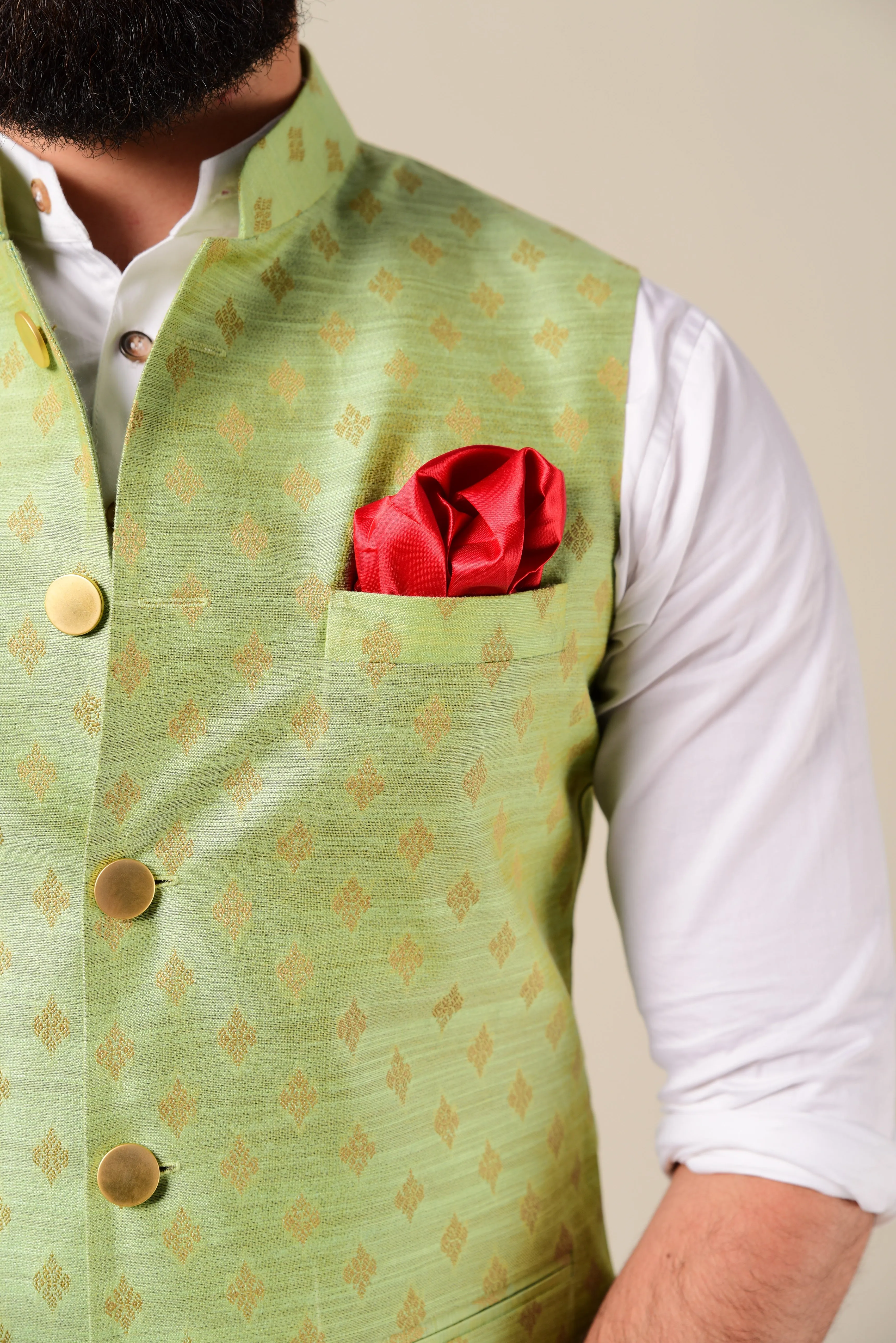 Handmade Brocade Silk Green Color Nehru Jacket With Kurta Pajama Set
