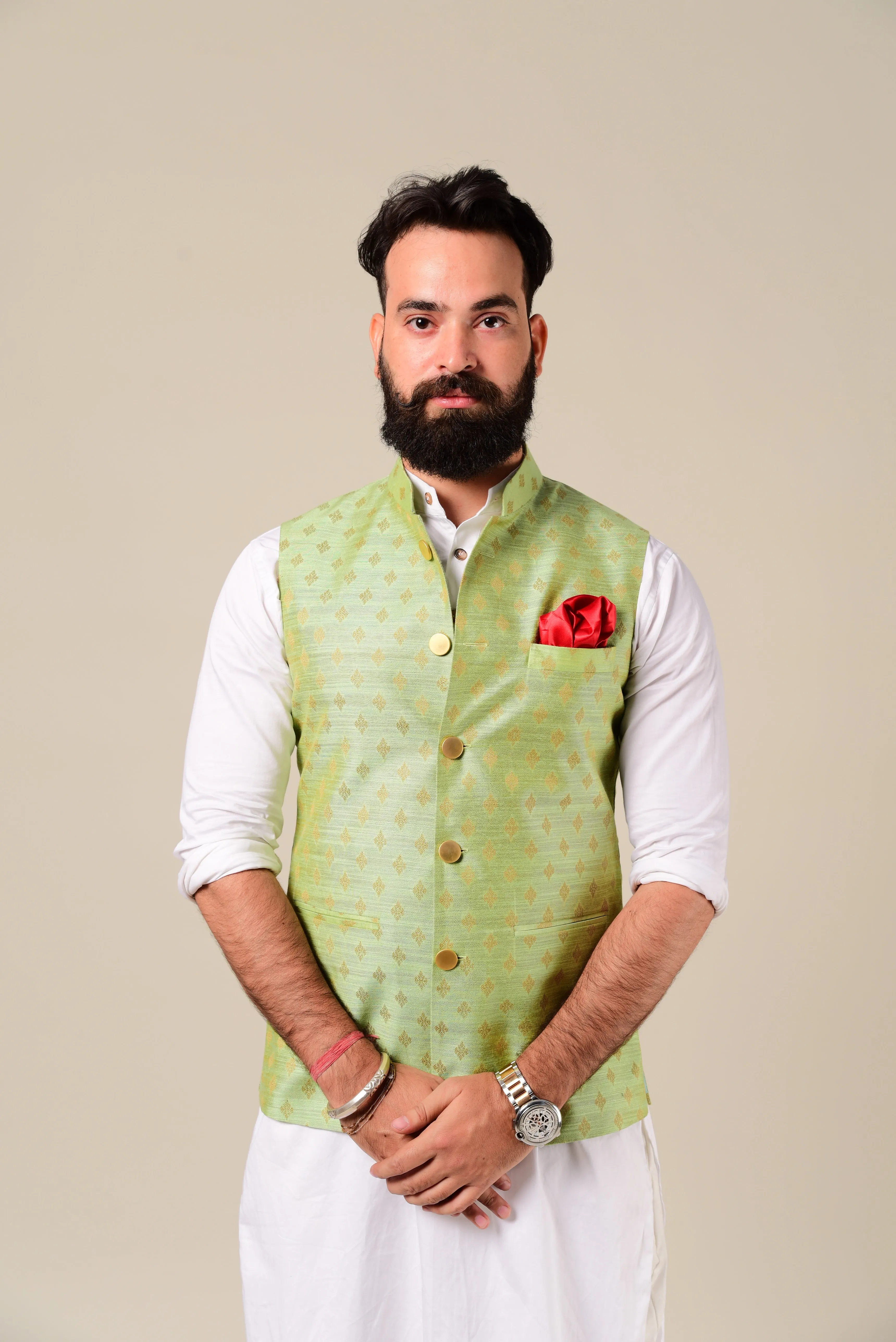 Handmade Brocade Silk Green Color Nehru Jacket With Kurta Pajama Set