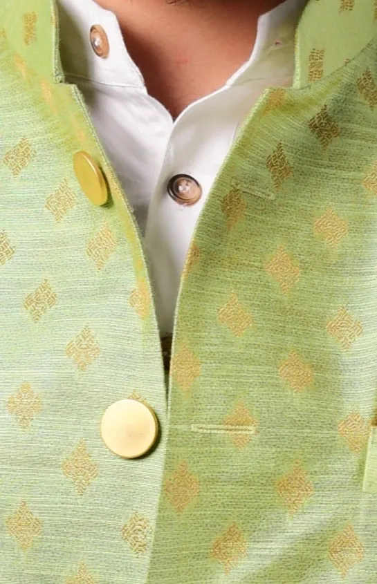 Handmade Brocade Silk Green Color Nehru Jacket With Kurta Pajama Set