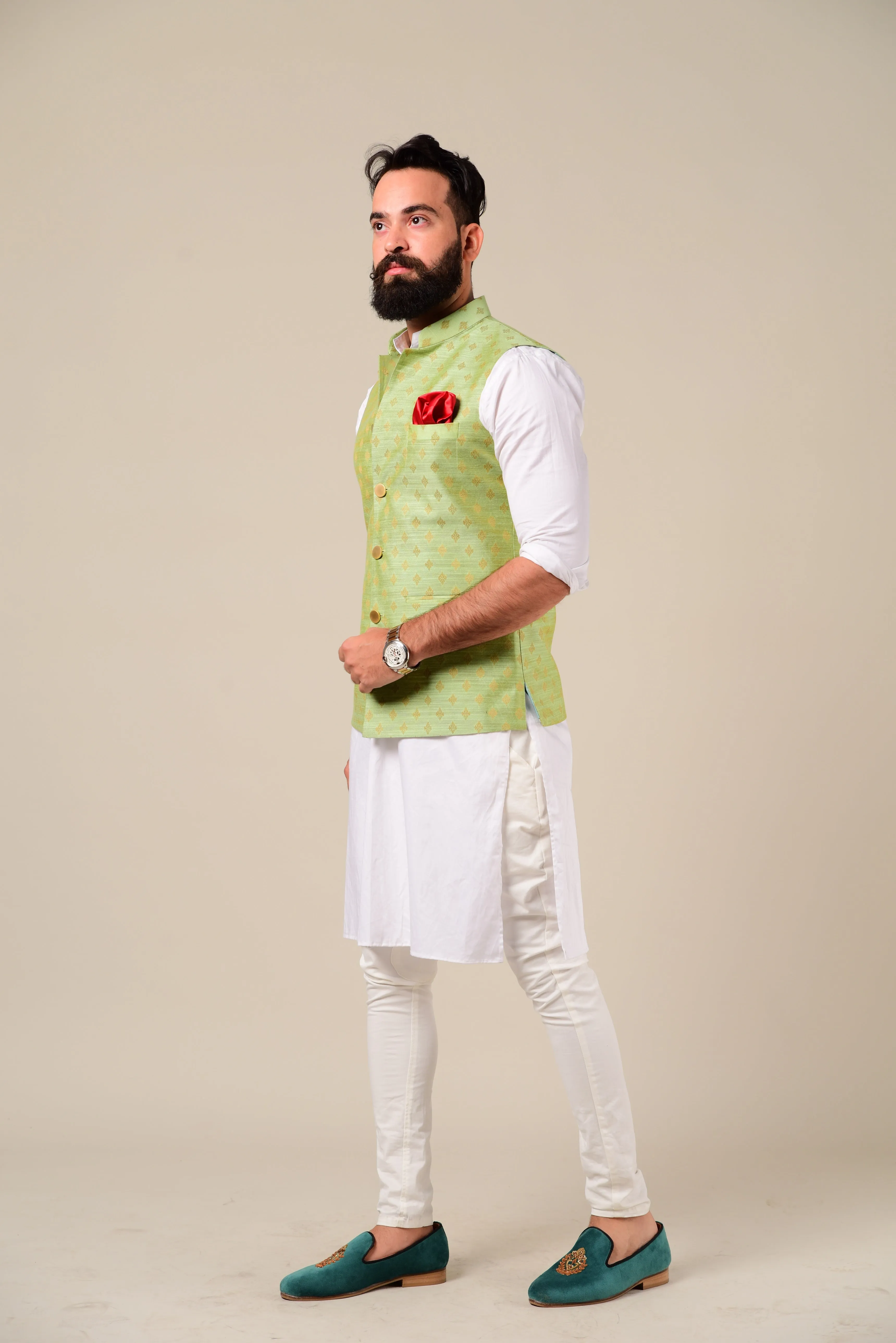 Handmade Brocade Silk Green Color Nehru Jacket With Kurta Pajama Set