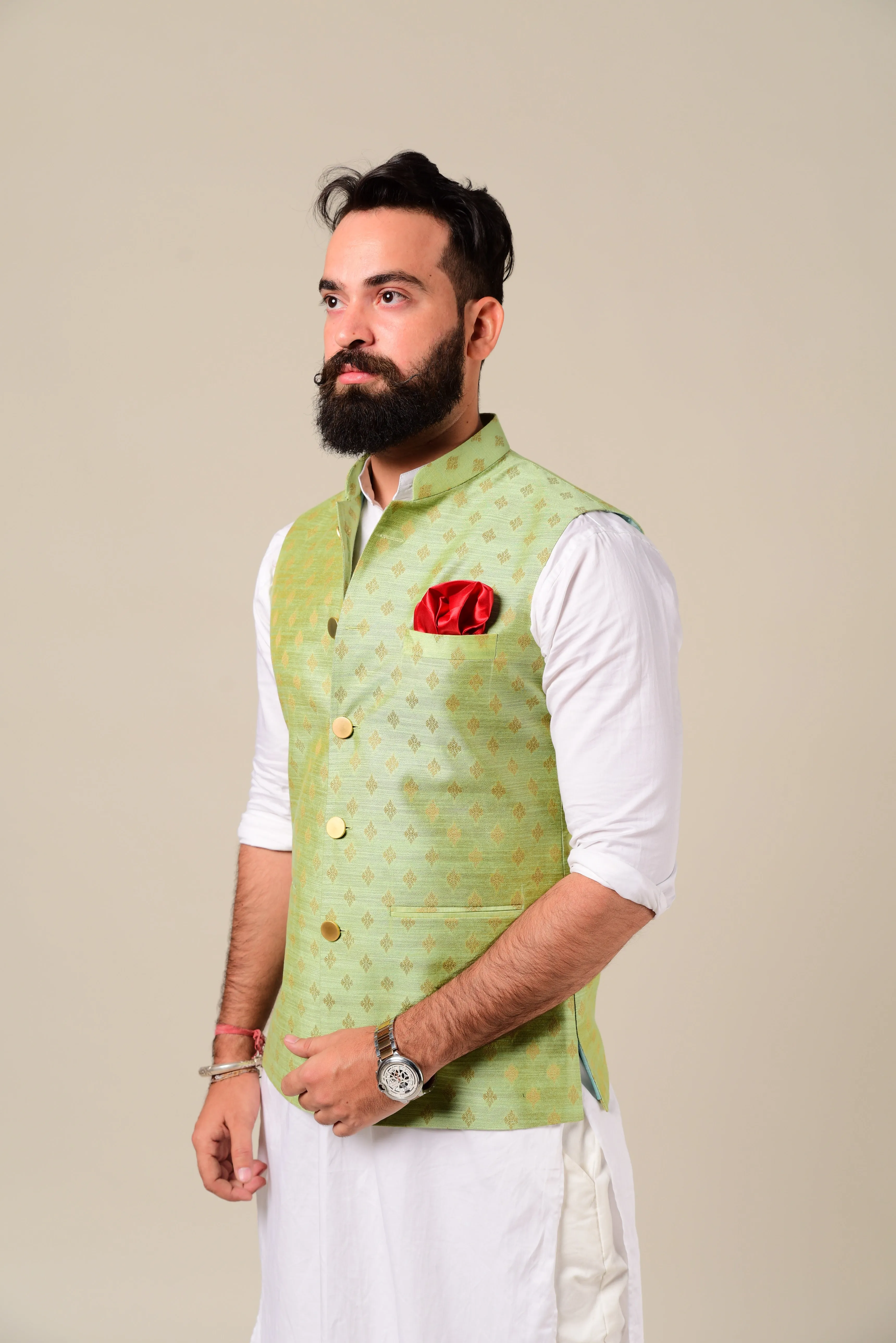 Handmade Brocade Silk Green Color Nehru Jacket With Kurta Pajama Set