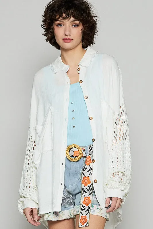Hazel Blues® |  POL Openwork Lantern Sleeve Button Down Gauze Shirt