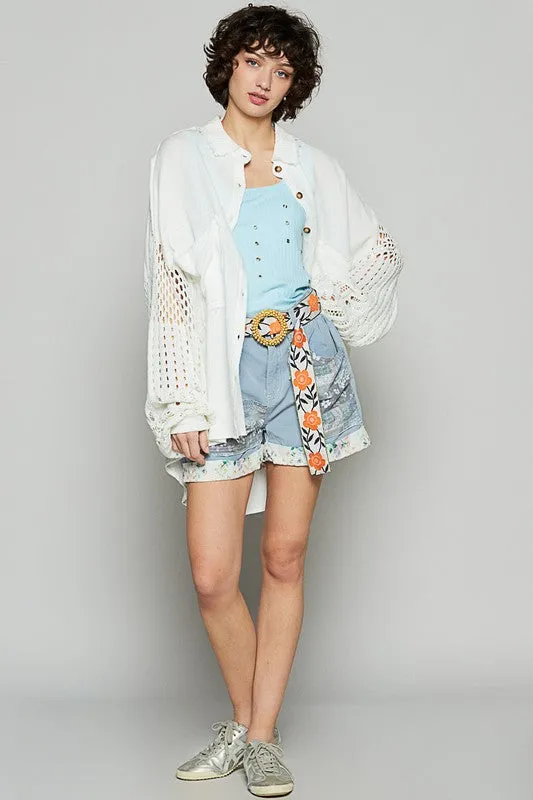Hazel Blues® |  POL Openwork Lantern Sleeve Button Down Gauze Shirt