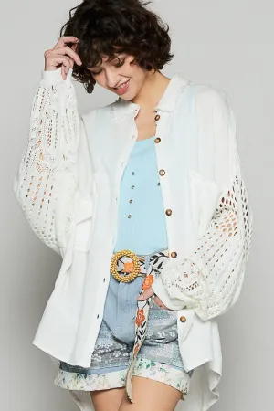 Hazel Blues® |  POL Openwork Lantern Sleeve Button Down Gauze Shirt