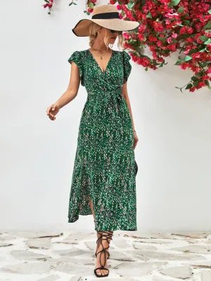 Hazel Blues® |  Printed Surplice Neck Flutter Sleeve Slit Dress
