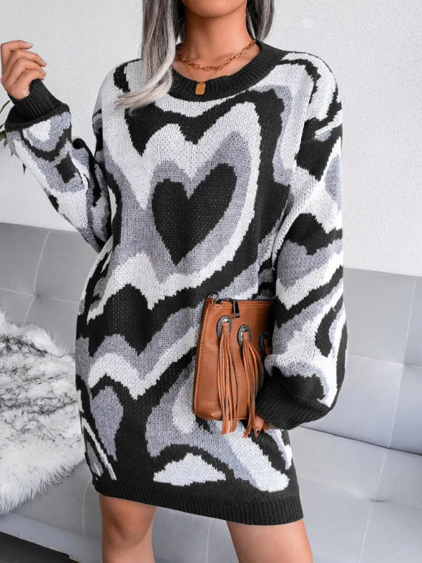 Heart Pattern Knitted Mini Dress with Long Sleeves