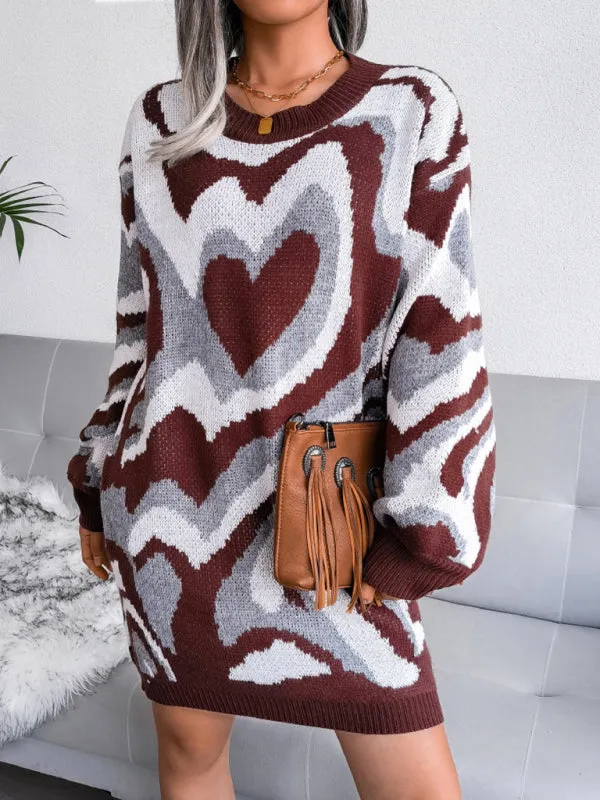 Heart Pattern Knitted Mini Dress with Long Sleeves
