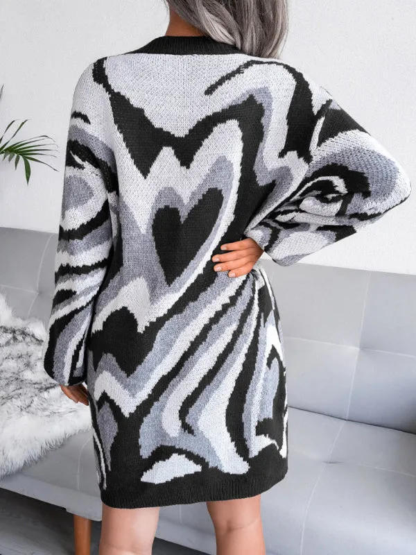 Heart Pattern Knitted Mini Dress with Long Sleeves