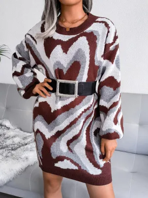 Heart Pattern Knitted Mini Dress with Long Sleeves