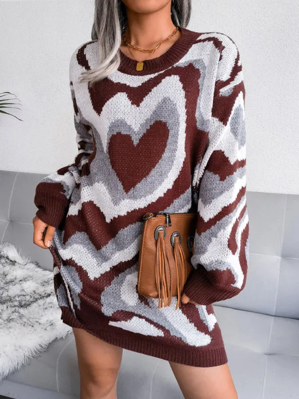 Heart Pattern Knitted Mini Dress with Long Sleeves