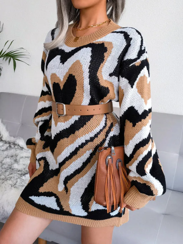 Heart Pattern Knitted Mini Dress with Long Sleeves