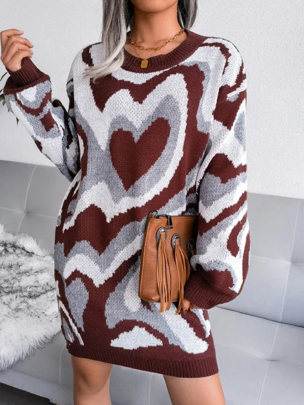 Heart Pattern Knitted Mini Dress with Long Sleeves