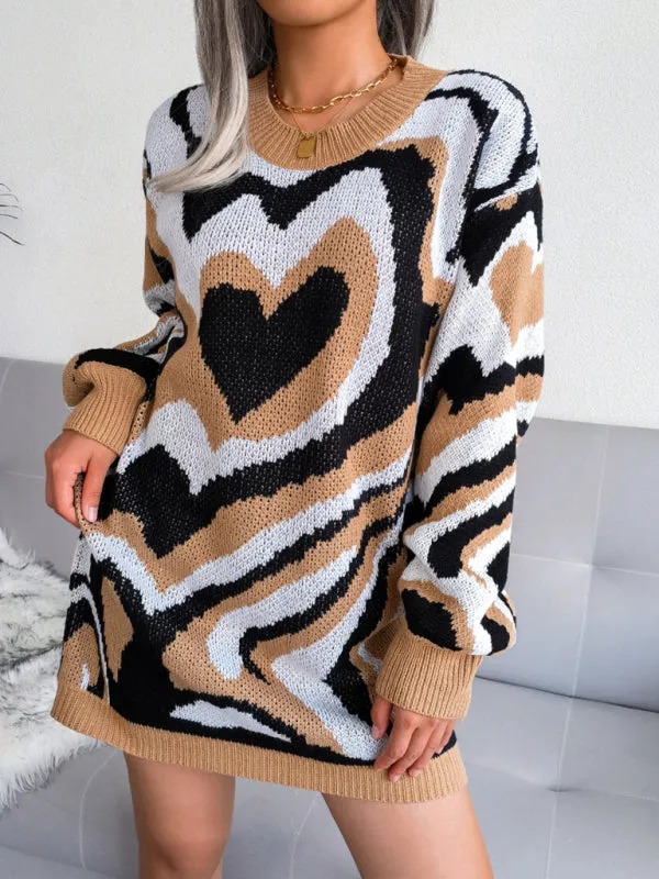Heart Pattern Knitted Mini Dress with Long Sleeves