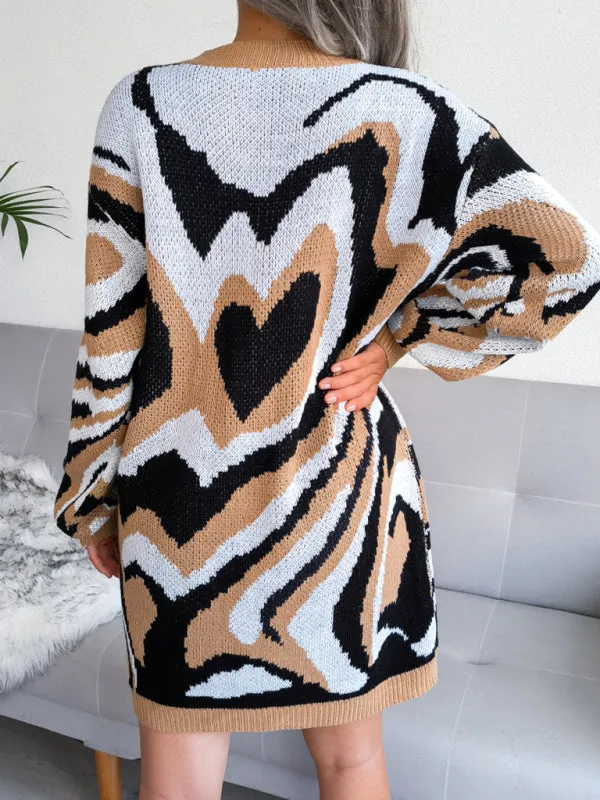 Heart Pattern Knitted Mini Dress with Long Sleeves